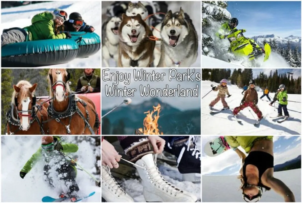 A dynamic winter landscape bustling with activity—families snow tubing down a hill, huskies pulling sleds, children playing in the snow, and skiers and snowboarders on nearby slopes. A cozy fire pit invites guests to gather and warm up after their adventures.