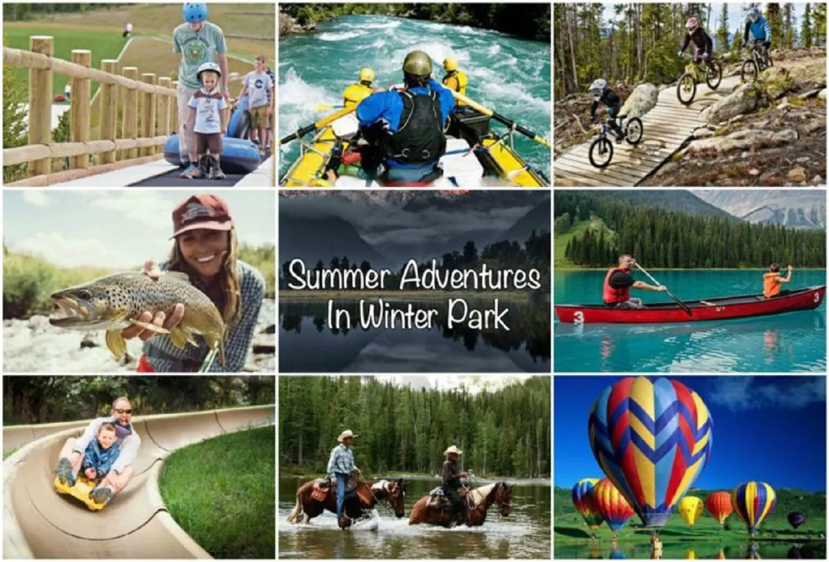 A collage of families enjoying a range of adventurous outdoor pursuits: rafting on lively rivers, biking through scenic paths, fishing, and riding horses. Vibrant hot air balloons float in the background, evoking a sense of exploration and excitement across seasons.