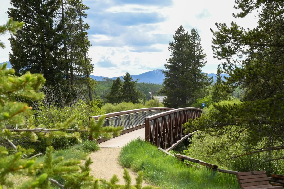 A scenic wooden bridge winds through lush trees with a stunning mountain backdrop, inviting exploration on foot or by bike. The tranquil setting encourages outdoor activities and connection with nature.