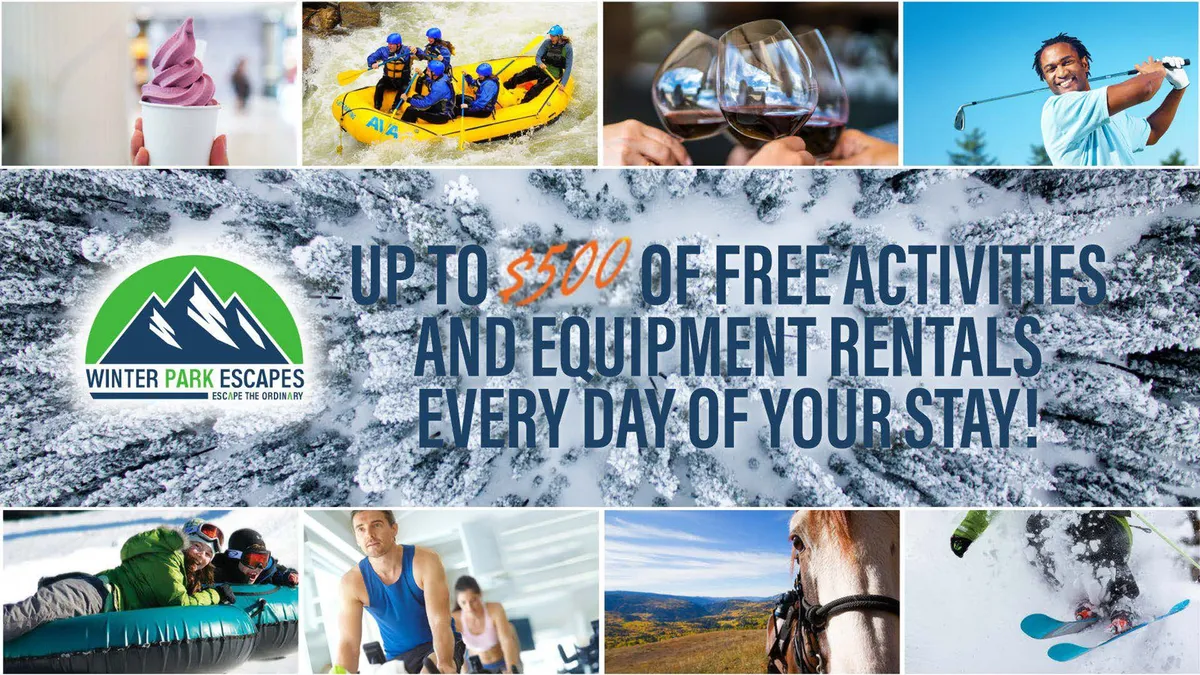 A fun, collage-style interior scene displaying guests engaging in outdoor activities like rafting, skiing, snow tubing, wine tasting, and horseback riding, all set against a backdrop of lively colors and inviting spaces.